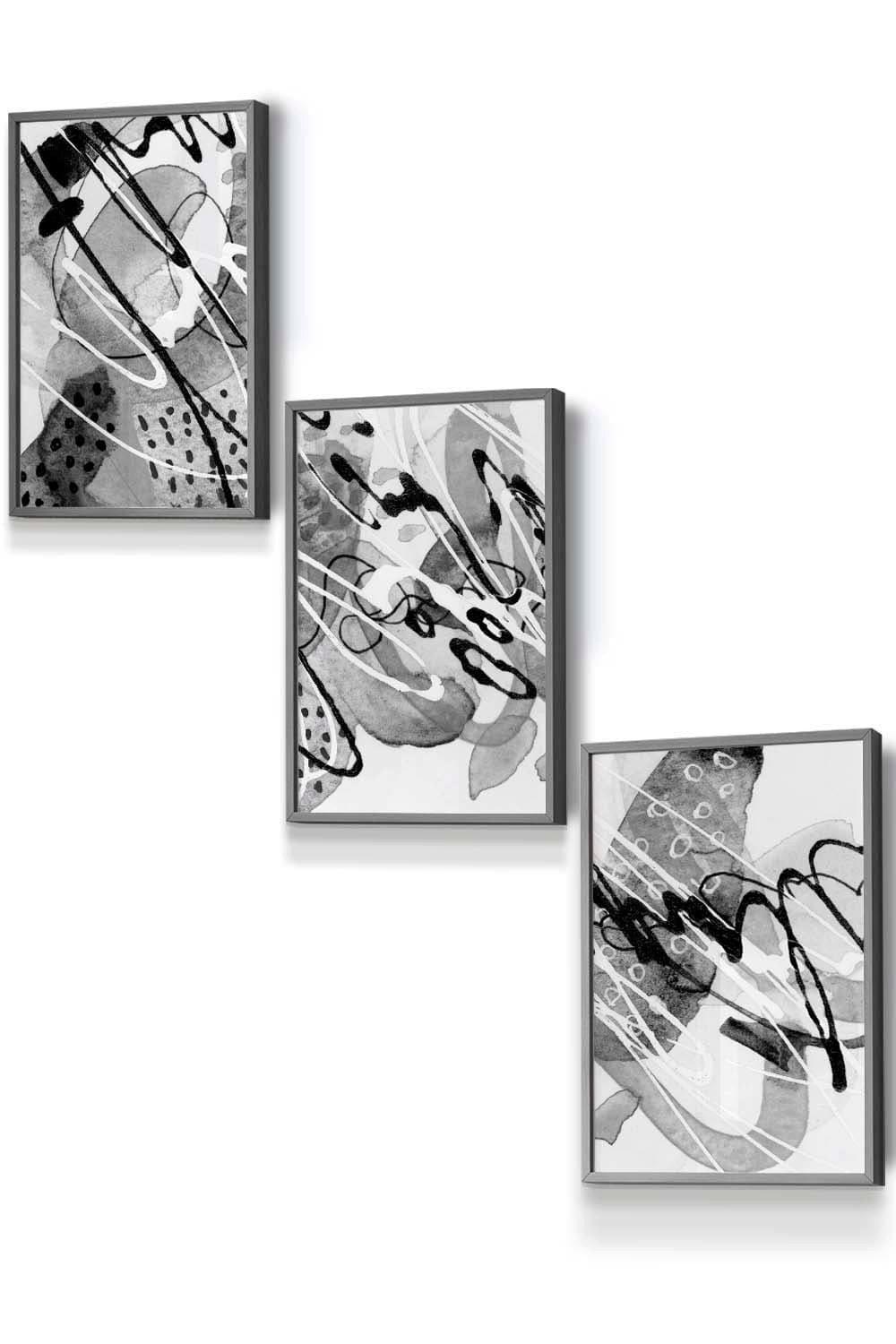 Set of 3 Dark Grey Framed Abstract Watercolour in Black and Grey Wall Art